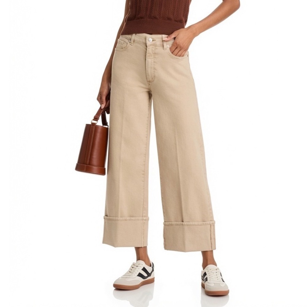 PAIGE Sasha Ankle Wide Leg Cuff Jeans 33 Vintage Soft Sand Tan High Rise NEW
